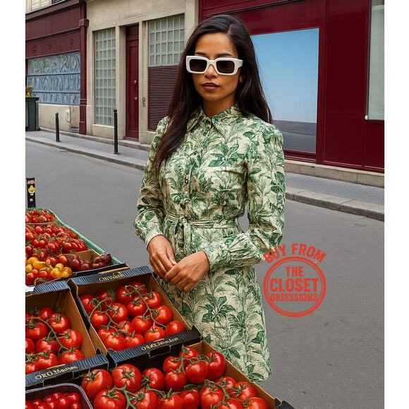 🌿 ZARA Green Printed Shirt Dress NWT | Belted Long Sleeve Collared M - Picture 1 of 16
